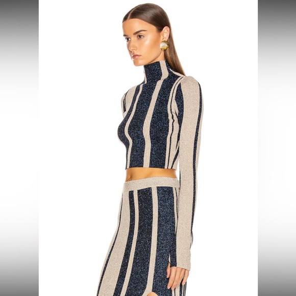 Self-Portrait Metallic Knit Cropped Turtleneck Top Navy Gold Striped Size Small - Picture 3 of 8